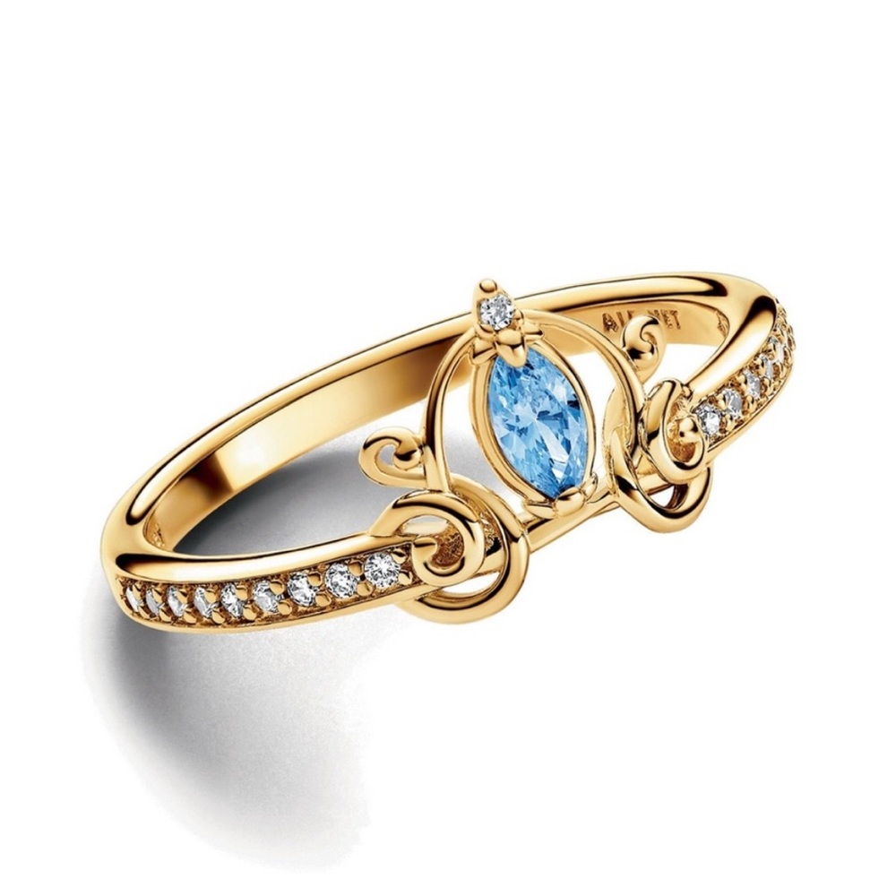 New Pandora Disney Gold Plated Cinderella’s Carriage Blue Marquise Ring Size 7.5